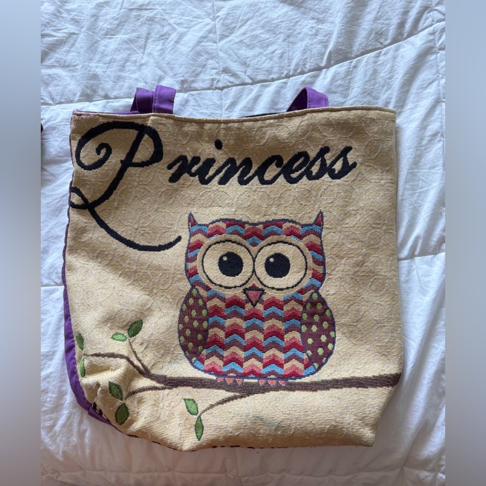 Canvas Owl "Princess" Tote Bag in Beige and Purple